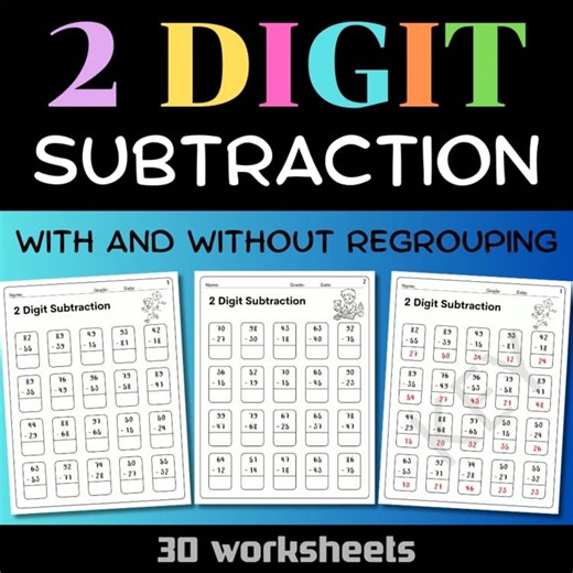 2 Digit Subtraction Worksheets | With and Without Regrouping | 30 Math Printable