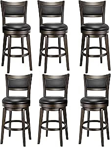 PrimeZone Swivel Bar Stools Set of 6, 24 Inch Counter Height Barstools, Black Faux Leather Bar Stool with High Backrest & Solid Wood Legs & Wrap-around Footrest, Counter Stools for Kitchen Island, Pub