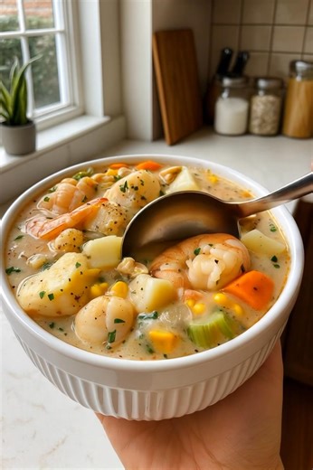 447K views · 3K reactions | Seafood Chowder ❤️❤️❤️ This Seafood Chowder from deesviral is creamy, hearty, and packed with fresh seafood flavor. The kind of cozy bowl that feels like a warm hug on a cold night. Ingredients 戀• ¼ cup butter 戀• 1 medium onion, diced 戀• 1 tsp Old Bay seasoning 戀• ¼ tsp thyme 戀• ¼ cup all-purpose flour 戀• 4 cups seafood stock (or chicken broth) | Healthy Girl Era | Facebook