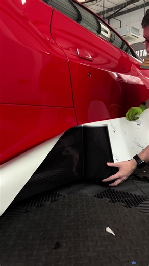 Ferrari 488 GTB being treated to a lower side skirt wrap in 3M Gloss Metallic Carbon Fibre! 🔥💥 #ferrari #carbonwrap #wrapshop #carwrap