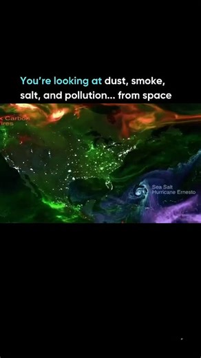 Learn AI | Tutorials, News & Future Tech on Instagram: "This NASA visualization reveals something we never see with our own eyes, every tiny particle traveling through the air above us. Using the GEOS atmospheric model, scientists track aerosols like: 🟣 Dust from deserts 🟠 Wildfire smoke 💚 Volcanic + pollutant sulfates 🔵 Sea-salt from ocean waves These particles can travel thousands of kilometers, change weather, affect climate, and even shape the air you’re breathing right now, sometimes fr