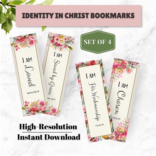 Identity in Christ Printable Bookmarks, Christian Floral Bookmark Set of 4, Bible Verse Bookmarks, Instant Download - Etsy
