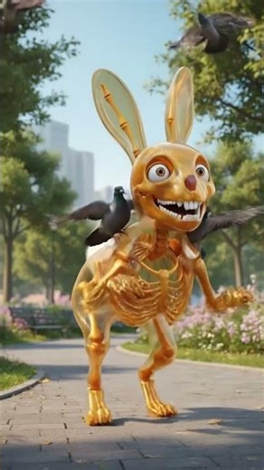 Little Skeleton Yellow Rabbit Plays in the Park and Goes Home