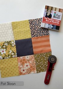 Block #2 of the Ultimate Beginner Quilt Along with Fat Quarter Shop is the 9 patch. Work on mastering your pressing, 1/4" seam AND nesting those intersections. Watch the Fat Quarter shop video and get the block and my bonus tips at https://blog.patsloan.com/2019/08/block-2-of-the-free-ultimate-beginner-quilt-along.html | Pat Sloan - Quilt Along Page