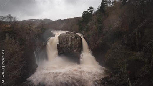 A timelapse of High Force Waterfall, Upper Teesdale in winter under heavy flow after a winter storm.