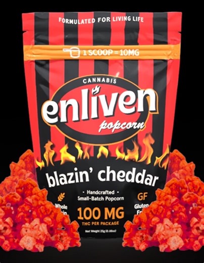 Enliven Cannabis Infused Blazin' Cheddar Popcorn | Buy Recreational Decatur, IL | Mystic Greenz