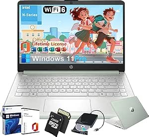 HP Student Business Laptop Computer - w/Microsoft Office Lifetime & External DVD Drive • 16GB RAM • 128GB UFS & 256GB Extend Micro SD • Intel 4-Core Processor • HD Display • Win11 Pro(Green)