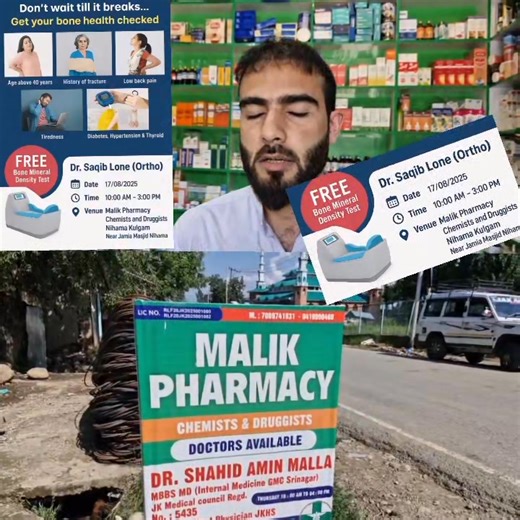 FREE Bone Mineral Density Test Don't wait tillit breaks... Get your bone health checked FREE Bone Mineral Density Test Dr.Saqib Lone (Ortho) Date 17/08/2025 Time 10:00AM--3:0PM Venue Malik Pharmacy Chemists andDruggists Nihama Kulgam NearJamia Masjid Nihama | Daily Jamal
