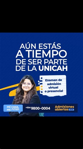¿No te dio tiempo de inscribirte en la UNICAH? No te preocupes, aún puedes hacerlo de manera presencial en cada campus o virtual, a través de nuestras plataformas. MATRICULATE YA. Canales de admisiones UNICAH: 📲 9800-0004 💻 https://registro.app.unicah.net/#/registrarcuenta 👩🏻‍💻 Sala Zoom (lunes a sábado 8:00 a.m. a 5:00 p.m.) https://zoom.us/j/97135934922 Examen de admisión y matrícula gratis... #UNICAHmicasamifuturo #Soñamos #CrecemosServimos #FamiliaUNICAH #NuestraSeñoraReinaDeLaPaz #UNIC
