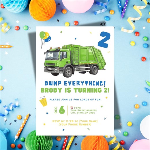 Garbage Truck Birthday Invitation – “dump Everything!” Birthday Printable Invite - Etsy