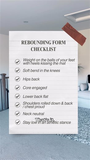 Sydney Ross on Instagram: "Rebounding Form Checklist ⬇️😁 ✅ Weight on the balls of your feet, heels just kissing the mat ✅ Soft bend in the knees ✅ Hips back ✅ Core engaged ✅ Lower back flat ✅ Shoulders rolled down and back ✅ Chest proud ✅ Neck neutral ✅ Athletic stance There are SO many fun moves you can do on the rebounder, but the form stays basically the same with all of them. Master the basics and you’ll be ready to jump, bounce, and have a blast! ✨ 💾 Save this video, screenshot the form c