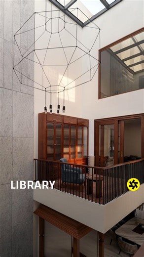 The cantilevered library of The Library House hovers gracefully above the central courtyard, becoming the home’s symbolic and functional heart. More than a reading space, it bridges generations, connecting the communal ground floor with private upper levels through visual and spatial continuity. The library embodies reflection, learning, and introspection, offering a serene retreat amid family activity. Crafted with wood, it exudes warmth, fostering both contemplation and connection. Click the l