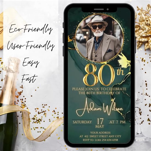Emerald Green 80th Birthday Invitation, Animated Gold 80 Th Birthday Party Invite, Digital Photo Invite, Elegant Invitation for Men, Women - Etsy
