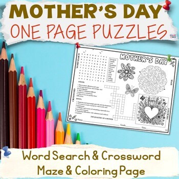 Mother's Day PLACEMAT Activities Puzzles Word Search Crossword Maze Worksheet