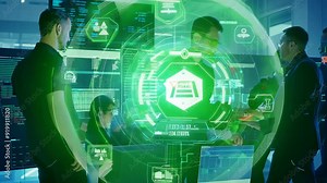 A group of cybersecurity professionals discusses strategies in a modern command center filled with screens Stock Video