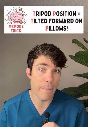 The patient is seated in high Fowler’s position while leaning forward on a bedside table with pillows for support. Alternatively, the patient may sit on the edge of the bed and lean forward with their elbows resting on their knees. #nakednursing #nursingschool #nursingstudents #shortnessofbreath #tripodposition