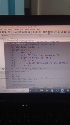 C Program: 27/1000 | Two Numbers Equal or Not | Conditional Statements #nitinsir #viral #shorts
