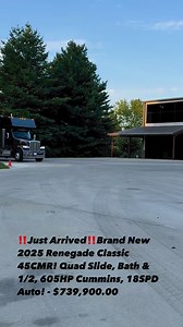‼️JUST ARRIVED‼️ This Brand New Renegade RV Classic 45CMR rolled in yesterday evening… Quad Slide, Bath & 1/2, 605HP Cummins Inc X15, 18SPD Eaton Endurant Auto Trans, 40,000LB Towing Capacity, Heated Floors, 600D AquaHot, Starlink Internet, Upgraded Insulation Package, Charcoal Metallic Full Body Paint, Dual 3000W Inverters, the list goes on and on!!! Over $90k in Upgraded Options Alone… MSRP $793k Priced to Sell at $739,900.00.. In Stock & Ready to Go! Trades Accepted & Financing Available! ☎️C