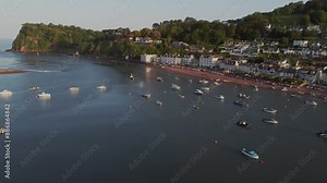 A drone view of the mouth of the River Teign, with the village of Shaldon and the Ness headland, Devon, England, United Kingdom, Europe
