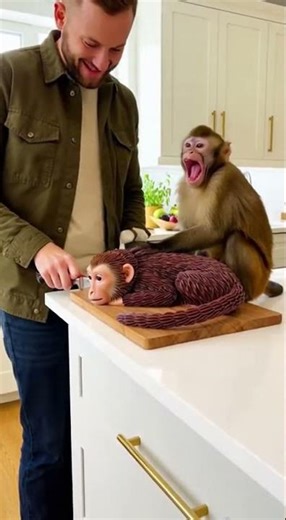 Naughty Monkey Tries to Taste His Cake Twin! 🐒🍰😂 #Shorts #Monkey #FunnyAnimals