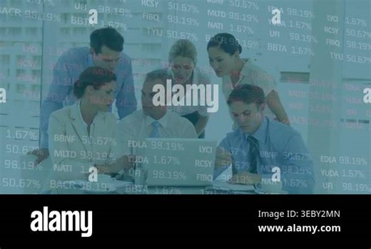 Seated man opening laptop, team leaning in and analyzing financial data with percent overlay. Conference, collaboration, analytics, office, professionals, focus, strategy Stock Video Footage - Alamy