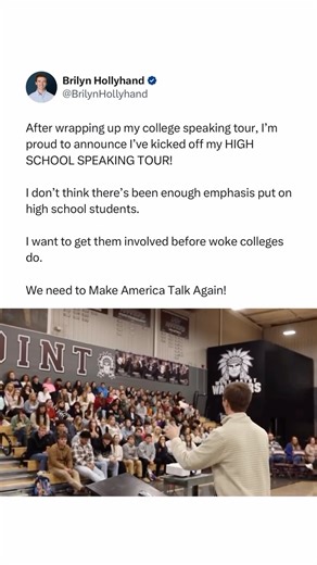Brilyn Hollyhand on Instagram: "After wrapping up my college speaking tour, I’m proud to announce I’ve kicked off my HIGH SCHOOL SPEAKING TOUR! I don’t think there’s been enough emphasis put on high school students. I want to get them involved before woke colleges do. We need to Make America Talk Again! Follow @brilynhollyhand for more."