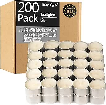 HomeLights Tealight Candles - 8 Hour Long time Burning, Giant 100,200,300 Packs -White Votive Smokeless European Tea Light Unscented Candles for Shabbat, Weddings, Christmas,Home Decorative -200 Pack