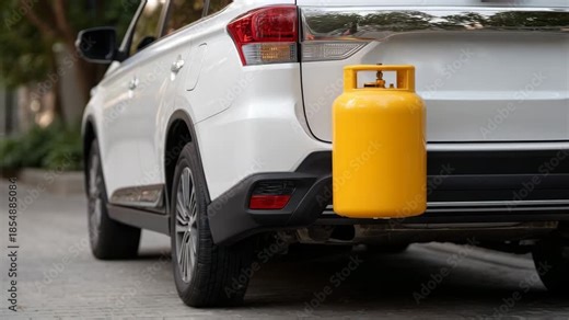 Modern car with a bright yellow compressed natural gas cylinder installed in the trunk, eco-friendly GNV system visible, highlighting sustainable methane-powered technology for alt