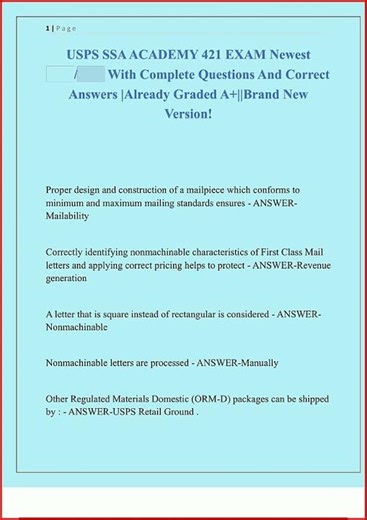 USPS SSA ACADEMY 421 EXAM Newest With Complete Questions And Correct Answers Already Graded ABrand N