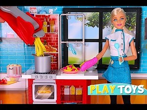 Barbie doll is cooking Play Doh dinner in the kitchen! Play Toys!