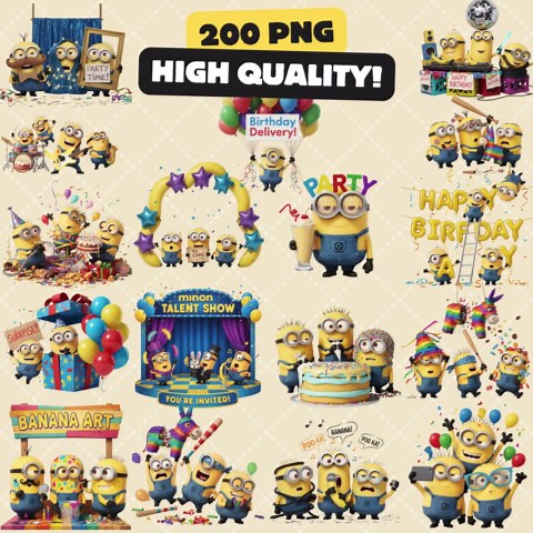 Minions Birthday PNG Bundle 200 Pieces – Funny Cartoon Party Clipart for Kids Decor, Invitations, Digital Stickers & Sublimation - Etsy