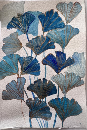 Blue Ginkgo Leaf Watercolor Painting, Golden Outline Botanical Art (7x11), Original Fine Art - Etsy