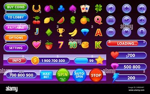Casino game user interface menu, icons and buttons. Cartoon mobile gamble slot machine gui elements, progress bar and coin panel vector set Stock Vector Image & Art - Alamy