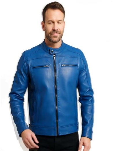 Premium Dodge Men’s Navy Blue Leather Cafe Racer | Modern Moto-Style by Zellberry