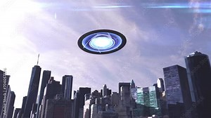 Large ufo above new York (3d animation) Alien sci-fi fantasy concept, 4K, 2024