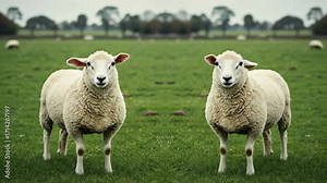Two identical sheep appear in a green field, symbolizing cloning and genetic engineering concepts, footage