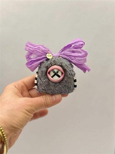 Gray Plush Bubble Cyclops Doll with Bow – Mini Art Toy, Handmade Soft Sculpture, Cute Monster Companion _ READY TO SHIP!