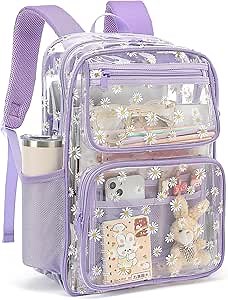 Daisy Clear Backpack for Girls Women, Heavy Duty Transparent School Backpack See Through Bookbag (Purple)