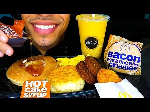 ASMR MCDONALD'S BIG BREAKFAST WITH HOTCAKES HASH BROWNS MANGO PINEAPPLE SMOOTHIE MCGRIDDLE MUKBANG