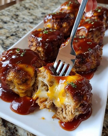 Cheesy Stuffed Meatloaf Bites Ingredients: 1 1/2 lb ground beef 1/2 cup breadcrumbs 1 egg 1/3 cup finely diced onion 1 tsp garlic powder 1 tsp onion powder 1/2 tsp salt 1/2 tsp black pepper 1 tbsp Worcestershire sauce 6 mozzarella cheese cubes (about 3/4 to 1 inch each) 1/2 cup shredded cheddar cheese 1/2 cup ketchup 2 tbsp brown sugar 1 tbsp mustard Fresh parsley (optional) Directions: 1. Preheat your oven to 375°F. Line a baking sheet with parchment paper. 2. Add ground beef, breadcrumbs, egg,