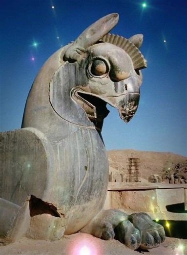 Giant Persian Griffin (516-465 BC), Persepolis, Iran. The word "Griffin" comes from Old French word "griffon," which was used to refer to both the legendary animal and birds of prey in general. Late Latin word "Gryphus," which was derived from an incorrect spelling of ancient Greek word "Grypus," a variation of ancient Greek term (grū́ps), was source of Old French word "Grifon." Word (grū́ps) in ancient Greek literally means "curved or hooked nose," alluding to Griffin's curved beak. The phrase 