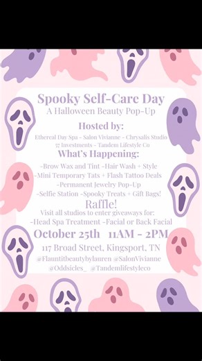 👻🌑SELFIE STATION IS UP🌑👻 A Halloween Beauty Pop-Up full of glam ghostly fun! Bring the Ghouls and celebrate beauty and spooky👭👻 Hosted by: Ethereal Day Spa • Salon Vivianne • Chrysalis Studio • 57 Investments • Tandem Lifestyle Co 💄 What’s Going On: – Brow Wax Tint discount – Hair Wash Style – Mini Temporary Tats Flash Tattoo Deals – Permanent Jewelry Pop-Up discount and peircing deals – Selfie Station📷 – Spooky Treats Gift Bags 🎁 🎟️ Raffle Giveaways: (Visit all to enter) Head Spa Trea