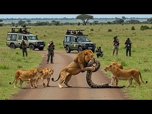 Alpha lion battles giant python, what happens next terrifies tourists!
