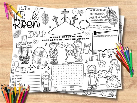 He is Risen Easter Activity Sheet | Kids Bible Word Search, Maze, Coloring (digital Download) - Etsy