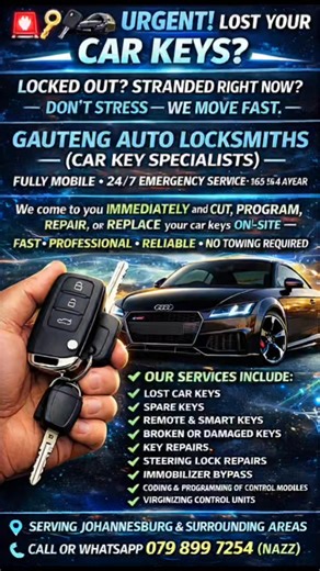 ⭐ 🚨🚗🔑 URGENT! LOST YOUR CAR KEYS IN JHB? LOCKED OUT? STRANDED RIGHT NOW? DON’T STRESS — WE MOVE FAST. ⭐ GP AUTO LOCKSMITHS (CAR KEY SPECIALISTS) — NOW SERVING JOHANNESBURG ⭐ FULLY MOBILE • 24/7 EMERGENCY SERVICE • 365 DAYS A YEAR ⭐ WE COME TO YOU ANYWHERE IN JHB AND CUT, PROGRAM, REPAIR, OR REPLACE YOUR CAR KEYS ON-SITE — FAST • PROFESSIONAL • NO TOWING REQUIRED ⭐ OUR SERVICES INCLUDE: ⭐ ✅ LOST CAR KEYS ⭐ ✅ SPARE KEYS ⭐ ✅ REMOTE & SMART KEYS ⭐ ✅ BROKEN OR DAMAGED KEYS ⭐ ✅ KEY REPAIRS ⭐ ✅ STEE