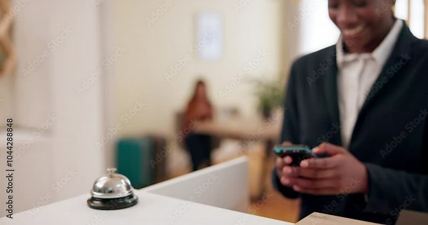 Front desk, receptionist and credit card with hands at hotel for payment, concierge service and welcome. Hospitality, fintech and pos machine with closeup of people for check in, client and booking