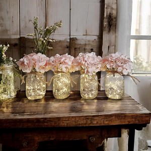 Clear Mason Jars With Lights & Hydrangea Flowers, Farmhouse Wedding, Romantic Theme, Light up Jars, Wedding Table Centerpiece, Wedding Decor - Etsy