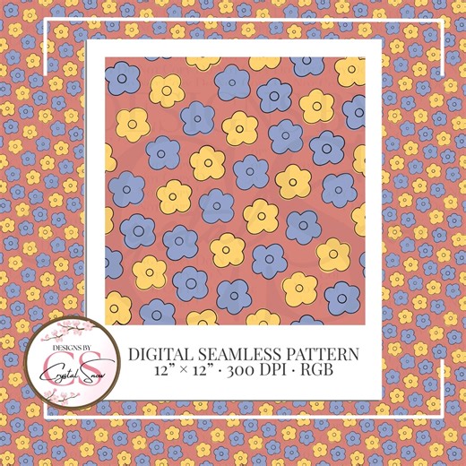 70s Retro Daisy Seamless Pattern | Coral, Blue & Mustard (PNG Digital Paper) - Etsy Australia