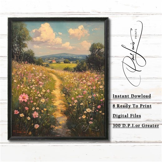 Rustic Spring Countryside Scene - Sunlit Wildflower Meadow, Cottagecore Farmhouse Painting, Serene Printable Landscape Art {key_word} 486 - Etsy