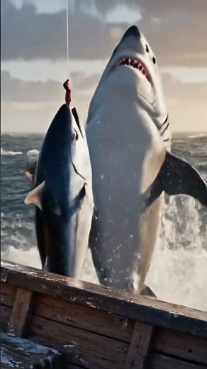 虎柄の漁師猫、釣り上げたマグロを巨大サメに奪われる瞬間…｜Fisher Cat vs Giant Shark #cat #ファンタジー #ai